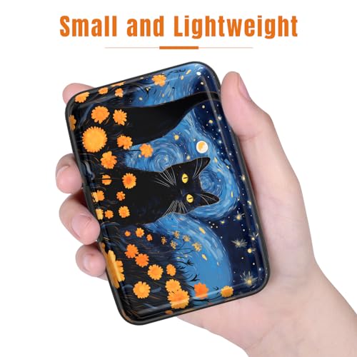 Image of Rimilak Aluminuml Credit Card Holder, Mini Credit Card Wallet RFID Blocking Slim Metal Hard Case for Women Men, Starry Sky Cat