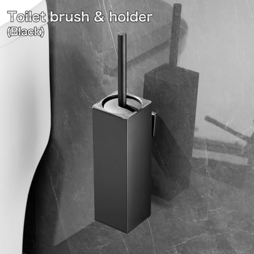 Image of Black Square Wall-Mounted Toilet Brush Holder, Drill-Mounted | Clean the dense brush head, splash guard, and removable inner bucket. Looking for a square stainless steel toilet brush.