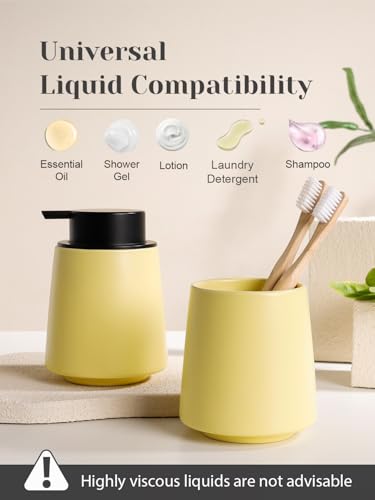 Autumnlife Seifenspender Gelb, 400ml Spülmittelspender Keramik Seifenspender mit Großer Pumpenkopf, Nachfüllbarer Flüssigseifenspender Matt Soap Dispenser für Küche, Bad 6