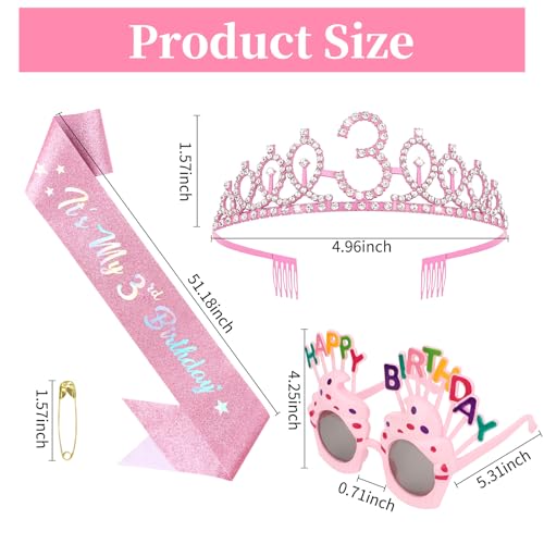 YARIEW 3rd Birthday Decorations, 3rd Glitter Sash and Crown Kit with Happy Birthday Sunglasses, Tiara Princess Crown and Sash Party Outfit Accessory