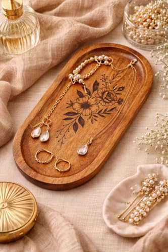 Image of Wooden Jewelry Tray, Oval Shape, L x B x H = 10 x 5 x 0.5 Inch Floral Design, Natural Wood Finish, Organizer for Rings, Necklaces, Earrings And Snacks Serving (Flower 4)