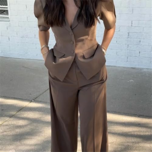 Women Solid Blazer Pants Sets Buttons Short Sleeve Jacket Wide Leg Trousers Street Office Suit4
