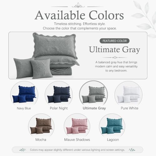 Image of HZ & HY Oversized King Bedspreads, Stitched Damask, Ultimate Gray | Generous Coverage, 5-Piece Quilt Set, Lightweight Reversible Coverlet, Scalloped Edge, King /Cal King