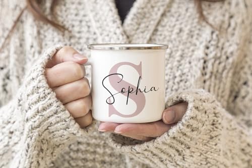 SpecialMe® Emaille-Tasse mit Namen Buchstabe Emaille-Becher Monogramm Initiale personalisierte Geschenke Namensaufdruck Weiss-metall… – Ansicht 2