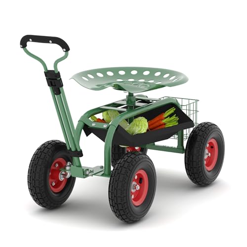 Garden Scooter Rolling Work Seat – 360° Swivel Garden Cart with Wheels, Tool Tray & Steering Handle – Heavy Duty Outdoor Stool for Planting, Weeding & Yard Work