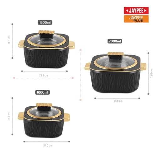Image of JAYPEE Crinkle Klass Inner Stainless Steel Casserole Set of 3(1000+1500+2000) ml PUF Insulated Gold Finish Handle Lockable Lid BPA Free Hot Box for Kitchen Roti Box Hot Pot Serving Casserole,Black
