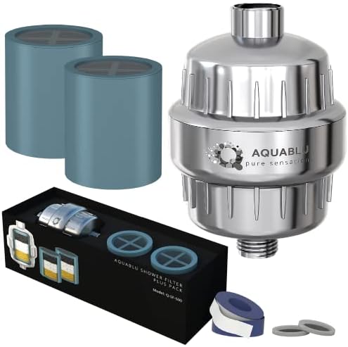 AquaBLU Shower Filter for Hard Water - Plus Pack (1 Shower Filter + 2 Cartridges) - Heavy Duty Shower Head Filter, Chlorine Heavy Metals & More – Luxury Water Softener Shower Head with Filter