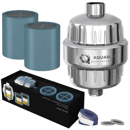 Aquablu Shower Filter For Hard Water - Plus Pack (1 Shower Filter + 2 Cartridges) - Heavy Duty Shower Head Filter, Chlorine Heavy Metals & More – Luxury Water Softener Shower Head With Filter #TOP17