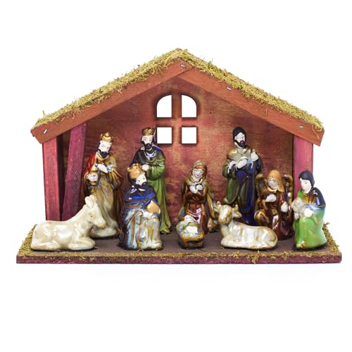 Gisela - Belén de cerámica con establo de madera, Nacimiento, Figuras de Belenes (11 piezas)