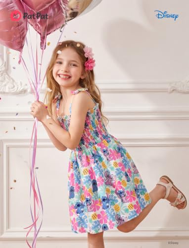Image of Disney Princess Frozen Elsa Minnie Stitch Toddler Girl Dress Bow Tie Straps Smocked Summer Outfit Birthday Party Clothes 2-9Y