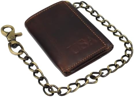 CAZORO Personalized Biker Wallet RFID Vintage Leather Brown Trifold Chain Wallet for Men