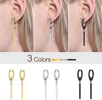 FOCALOOK Roestvrij staal minimalistische verticale bar bengelende oorbellen voor vrouwen, zilver/goud/zwart, Roestvrij staal
