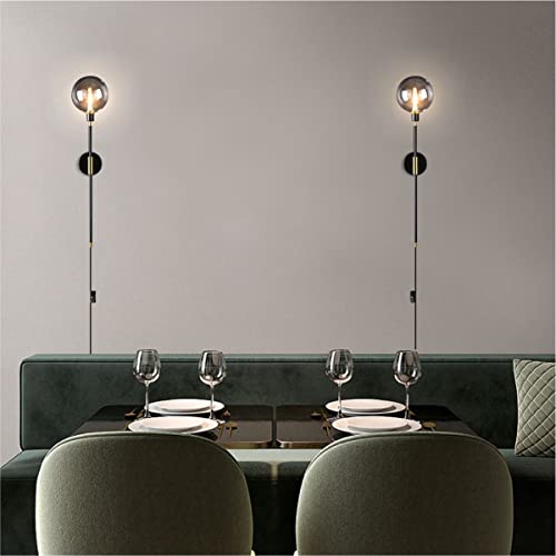 Image of KCO 1-Light Plug in Wall Sconces On /Off Switch Cord Black Modern Wall Mounted Light Fixture with Long Arm Glass Globe Shade Wall Lamp for Bedroom Living Room Kitchen Hallway (Smoke Gray & 2-Pack)