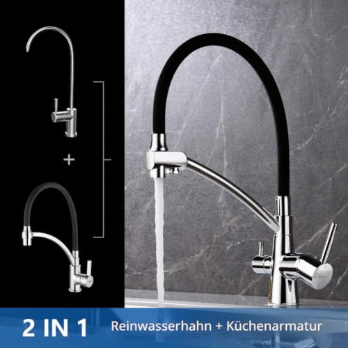 Ibergrif M22128-2 - 3 Wege Küchenarmatur, Spültischbatterie mit Schwarz Flexibler Auslauf und Brause, Wasserhahn Küche, Chrom, Silver – Ansicht 4