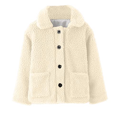Kids Girls Fleece Jacket Long Sleeve Lapel Collar Button Thick Windproof Coat Winter Warm Cute Top with Pocket