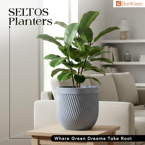 Image of Bonkaso 12 Inch Seltos Ribbed Planter for Indoor & Outdoor Use | Round Heavy Duty Polymer Flower Pot | Lightweight Weather Resistant Modern Gamla for Living Room Balcony & Terrace (Light Grey)