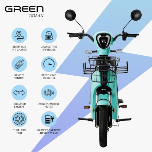 Image of Green Udaan Electric Scooter for adult's commuter with portable rechargeable battery, No RTO Registration or DL required, 30kms Range & 25kmph Power by 250W Motor, E-Bike (GREEN WITH CARRIER)