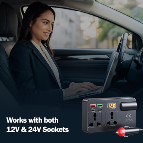 Image of pTron PowerEdge 200W Car Laptop Charger /Car Power Inverter with 2 USB (3A & 2.4A) + 2 Type-C (30WPD & 2.4A), Smart USB Charging Ports, 12V /24V DC to 220V AC, 2X Universal AC Outlet (Black)