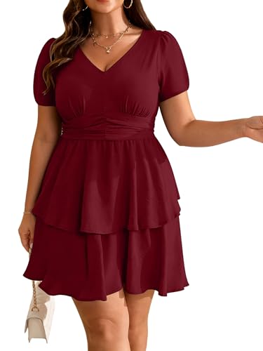 RWJ Plus Size Dresses for Curvy Women Summer2026 V Neck Short Sleeve Elastic Waist Wedding Guest Layer Casual Mini Dress Spring Beach Vacation Burgundy X-Large