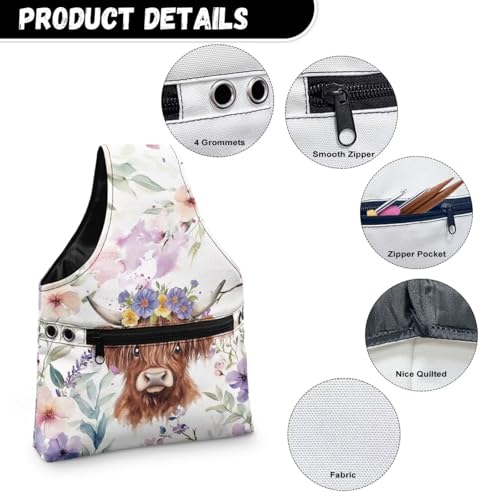 Image of ZUXONGSY Highland Cow Yarn Tote Bags for Crocheting Wildflower Knitting Tote Bag Lightweight Knitting Accessories Crochet Organizers and Storage