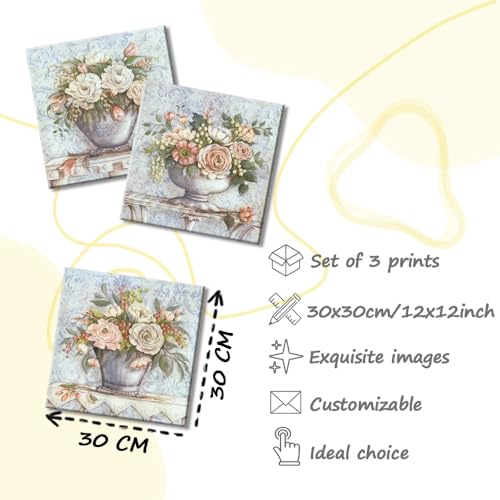 Piy Painting 3 Pcs Weinlese Wandbilder Mit Rahmen, Blumen Wandkunst Leinwand Malerei, Bilder Für Wohnzimmer, Wasserfesten Bild Für Schlafzimmer Küche Badezimmer Wanddeko 30 x 30 cm