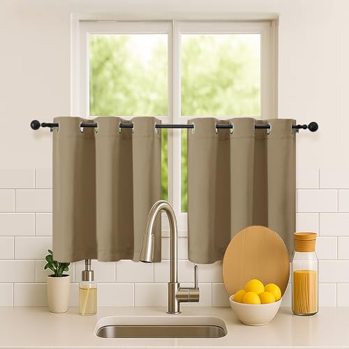 Image of Simplebrand Taupe Short Kitchen Curtains 24 Inch Length 2 Panels Set, Small Windows Room Darkening Curtain for Bathroom, Cabinet, Basement, RV Camper, Thermal Insulated Short Drapes, 40 x 24 Inch