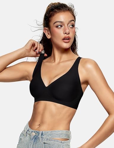OEAK Womens Deep V Bras Wireless Comfortable Bra Supportive No Underwire Bras Tshirt Push Up Bralettes Plunge Seamless Bra Black L - 3