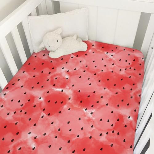 Image of Watercolor Watermelon Baby Crib Sheets 52''x28'' Tropical Fruit Snug Fitted Crib Mattress Covers for Boy Girl Boho Summer Beach Soft Baby Nursery Bed Sheet for Standard Crib and Toddler Mattress