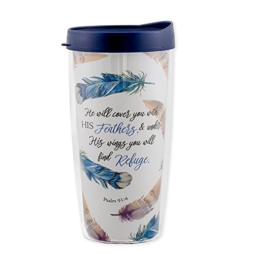 Signature Tumblers Refuge Under HIs Wings Wrap on Feathers 16 Ounce Double-Walled Travel Tumbler Mug with Navy Blue Easy Sip Lid