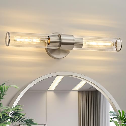 Image of Bathroom Vanity Light Fixtures, Nickel Wall Sconces in Threaded Glass, Modern Wall Light for Bathroom Living Room Bedroom, Hallway