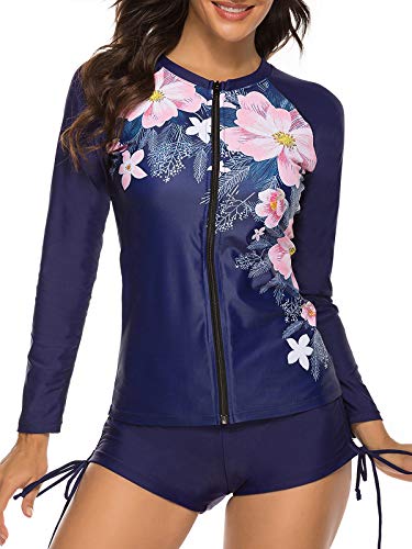 Zando Womens Two Piece Swimsuits Long Sleeve Rashguard Shirt Athletic Tankini Set Bathing Suit Navy / Pink 4-6
