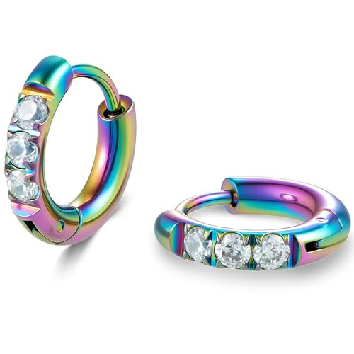 Image of Hypoallergenic Unisex Surgical Steel Small Cubic Zirconia Huggie Hoop Earring, Color Gold - Silver - Rose Gold - Black - Rainbow, Size 6mm- 12mm Safe for Sensitive Ear
