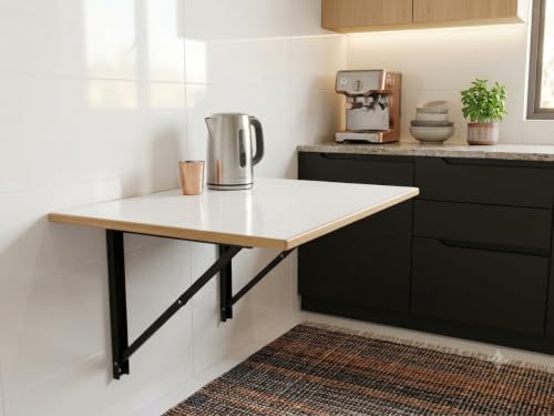 Image of 36 inchx24 inch Wall-Mounted Folding Table | Heavy Duty Long Lasting Writable White-Gloss Mica Top | Multipurpose Dine Work Study