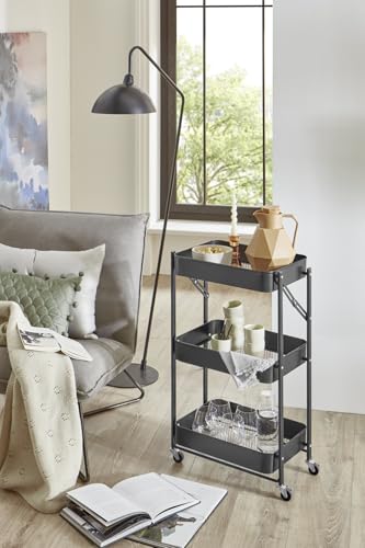 xonox.home – Rollwagen mit Rollen 44x78x31 cm in Schwarz – Praktischer Servierwagen mit 3 offenen Fächern – Mobil, vielseitig, geradlinig & ideal als Badregal oder Küchenhilfe