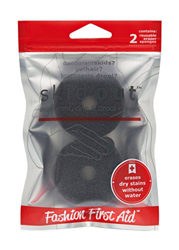 Image of Fashion First Skid Out Clothing Stain Eraser Sponges - Grey (2-Pack) | Removes Deodorant Marks, Makeup, Toothpaste, Pet Hair & Lint - Dry Water-Free Clothing Reusable Sponges Touch-Ups (2 inch Each)