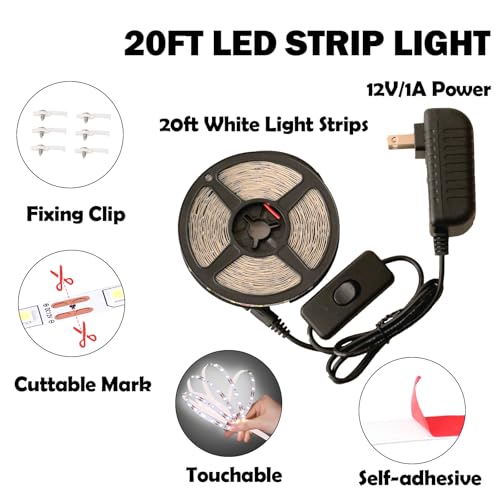 Image of 20ft White LED Light Strip Kit, 6500K Strip Light, 360 LED 12V Flexible Cuttable LED Light Strips for Bedroom Kitchen Under Cabinet Lighting Indoor