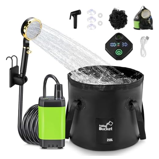 Anesty Tragbare Campingdusche Set, 6000mAh Wiederaufladbar Camping Duschen Pumpe mit Smart-Display, Duschkopf, 20L Falteimer und Zubehör für Outdoor Reisen, Garten, Autowaschen, Haustier