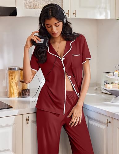 Image of Ekouaer Pajamas for Women Set Button Up Soft Pjs Short Sleeve 2 Piece Lounge Sets Comfy Sleepwear