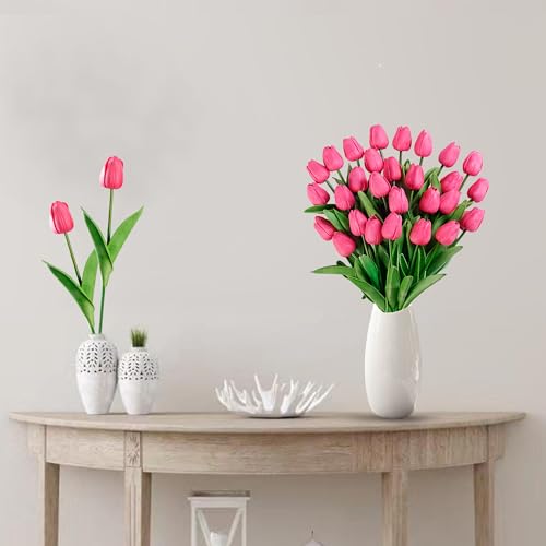 Image of Sggvecsy 30 Pcs Fake Tulips Artificial Flowers Real Touch PU Faux Flowers Tulip Stems for Wedding Spring Bouquet Floral Arrangement Home Party Office Decorations for Mother's Day (Dark Pink)