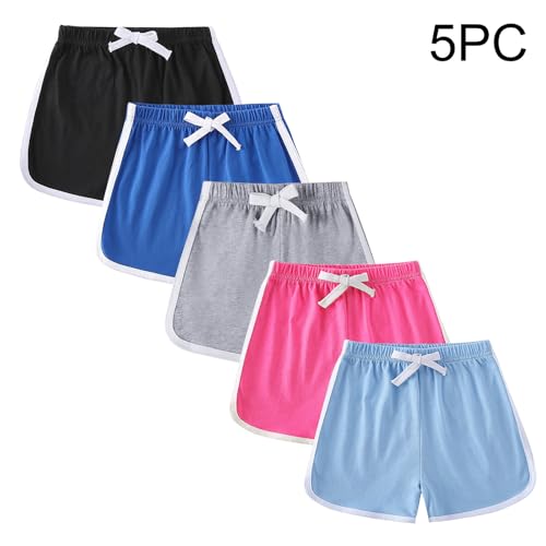 Girls Summer Cotton Dophin Shorts 5-Pack Comfy Elastic Waist Loose Colorblock Boys Running Shorts for Toddler 1-11 Years3