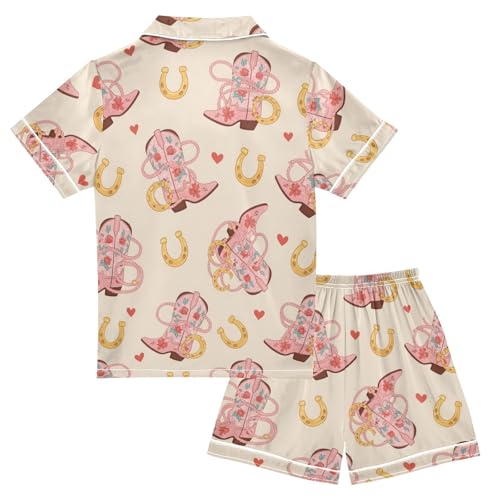 Satin Pajama Sets Short Sleeve Cowboy Boots Horseshoes Hearts Button Down Silky Nightwear 2 Piece PJS 5-14Y2