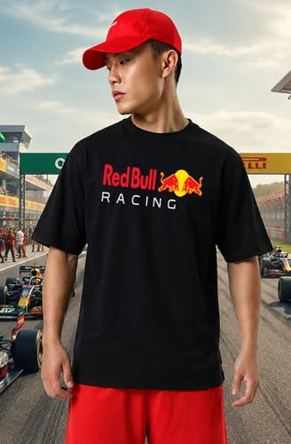 Image of Khakey Men's F1 Racing Graphic Printed Black T-Shirt | Formula 1 Back Print Drop Shoulder Tee | Motorsports Car Print Tshirt for Men & Women | Cotton Streetwear Tee's | Unisex Fit
