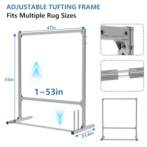 Lezbanz Rug Tufting Frame Kit with Aluminum Nails for Extra Firm Fixing, Tufting Cloth Stand, Adjustable Rug Tufting Frame for Rug Making, Suitable for Beginners & Lovers (55''H×47''L)