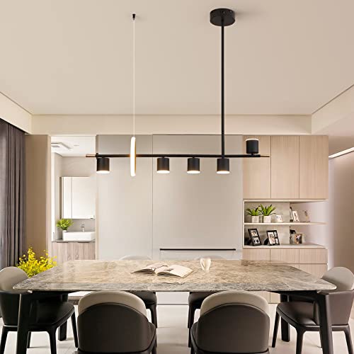 Siittoo Modern Black Pendant Light, Led Dimmable Hanging Pendant Light Fixture With Spotlights, 40'' Modern Led Chandelier Kitchen Island Light For Table Dining Room Bar (40W, 6-Light, Matte Black) #TOP1