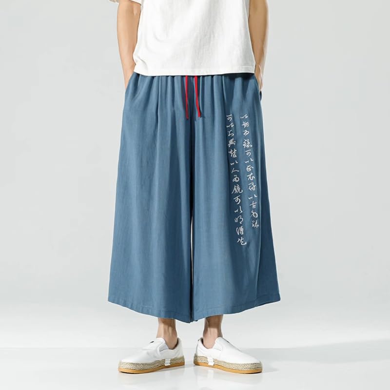 Xingfenly Chinese Calligraphy Embroidered Men' Wide-Legged Pants Summer Cotton Linen Straight-Legged Retro Casual4
