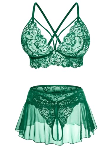 Image of CRIPOM Sexy Lingerie for Women Naughty 3 Piece Lace Bralette, Mini Skirt with G-String Crotchless Lingerie Outfits