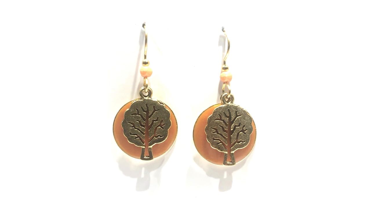 Silver Forest Gold Tree of Life on Coral Disc Pierced Earrings NE-2124