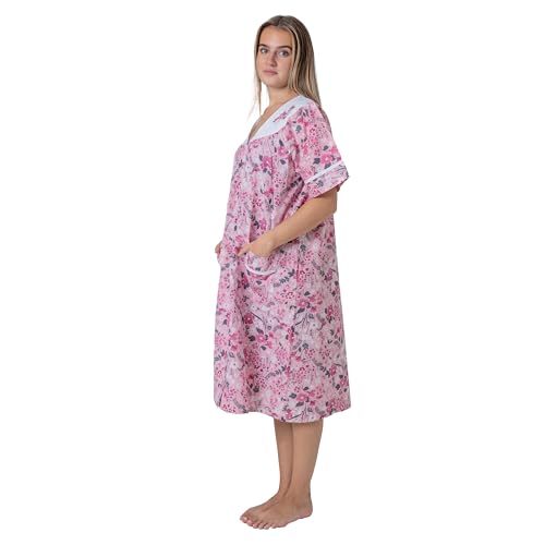 Image of Women's Short Sleeve Woven Snap-Front Closure Floral Embroidery Housecoat Duster Lounge Nightgown Robe with Front Pockets