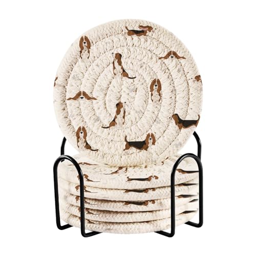 Dog Basset Hound Coasters for Drinks Set of 6 Woven Drink Coasters with Holder for Living Room Bar Table Office Home Decor