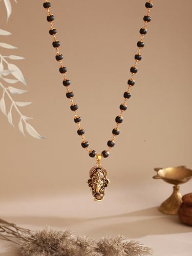 Image of Gold Plated Karungali Necklace with Lord Ganesha Pendant | Authentic Karungali Beads | Spiritual Protection & Positivity | Handmade Mala for Men & Women | Certificate of Authenticity